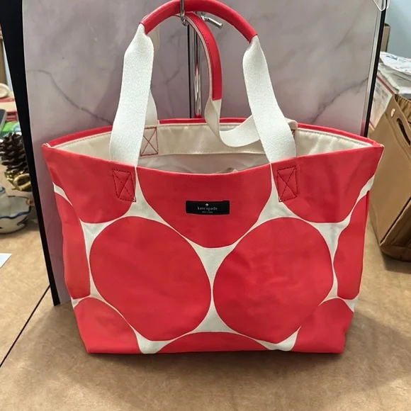 Kate Spade Red Circle Print Canvas Tote Bag with Leather Trim GUC - Picture 2 of 13